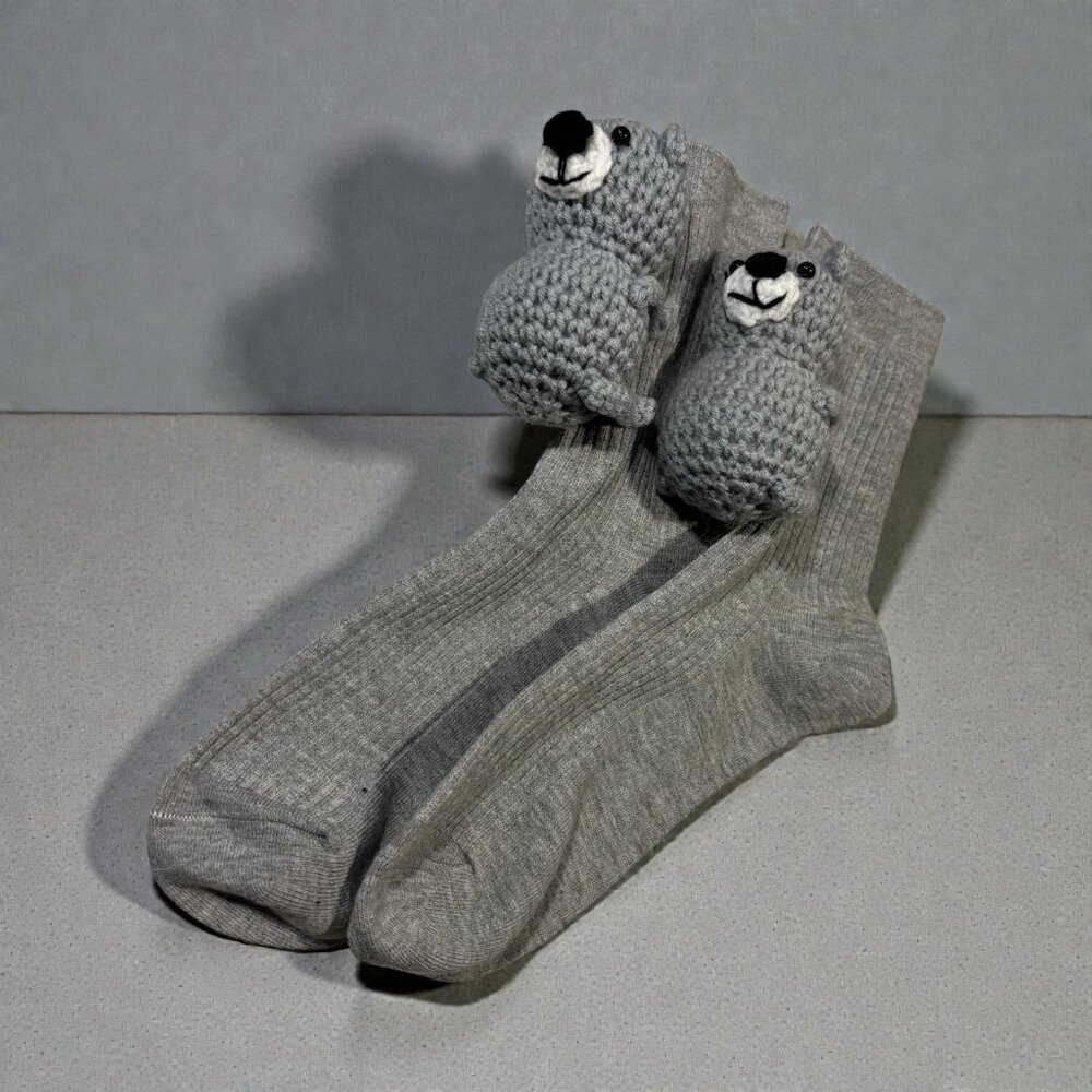 New Handmade Koala Bear Socks Crocheted Gray Small Medium Gift Funny Cute